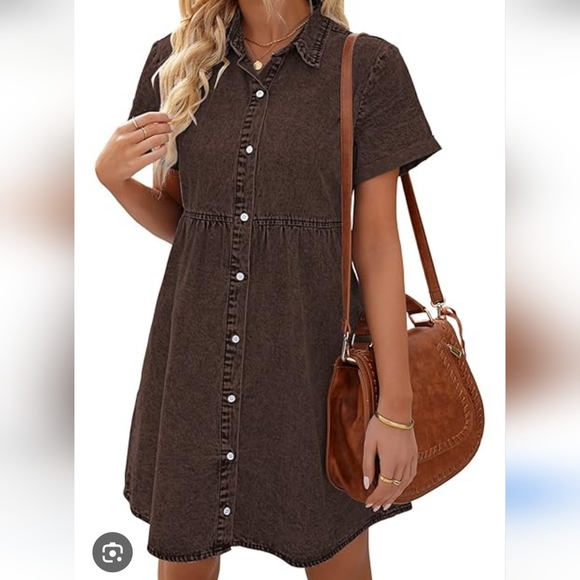 Amazon Dresses & Skirts - Nwot BROWN tan Jeans Shirt Dress Boho Empire Babydoll M Stretch Free People Y2k